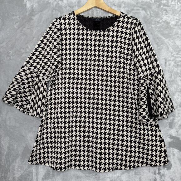 Ali Miles Top Womens Medium Black White Houndstooth Bell Sleeve Artsy Langenlook - Picture 1 of 11